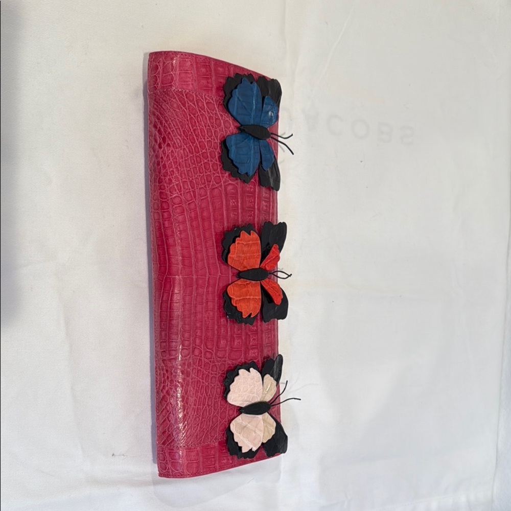 Nancy Gonzalez Pink genuine Crocodile Clutch with Butterfly Accents